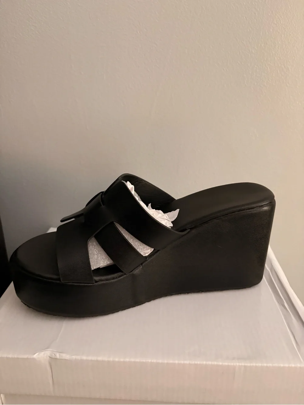 Women's Black Platform Wedge Slide - Sleek Crossover Straps